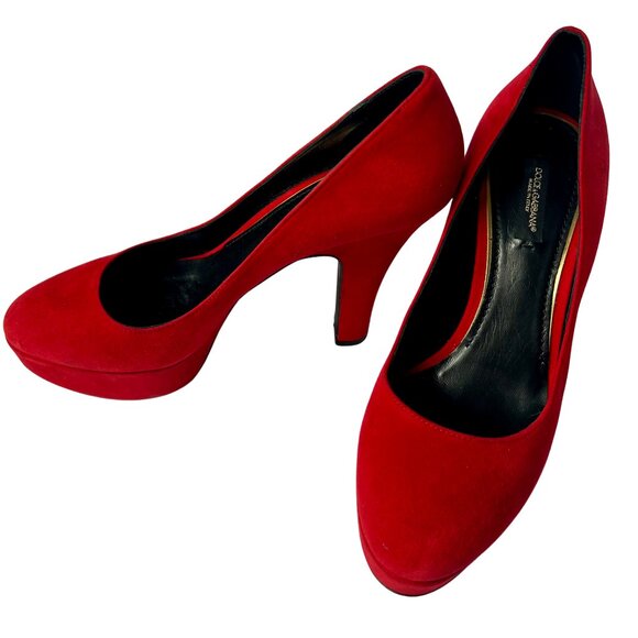 Dolce & Gabbana Red Suede Platform Heels 37.5 COA - Picture 2 of 9